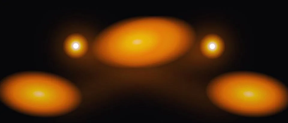 Orange stage spotlights casting glowing circular beams on black background... Stock Illustration