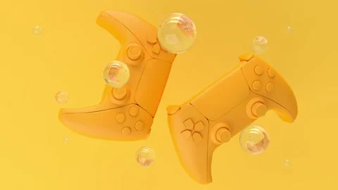 Orange standard videogame controllers on a yellow background with pattern dot 動画素材 150981909