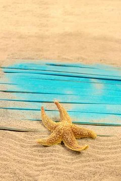 Orange starfish on blue rustic nautical wooden pier boards Stock Photos