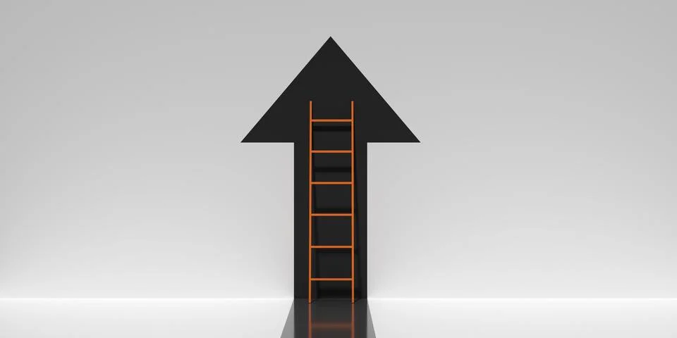 Orange stepladder leaning on black arrow on white floor and wall background.. Stock Illustration
