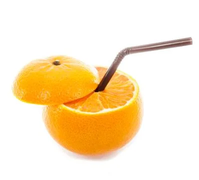 Orange with straw on white background Stock Photos