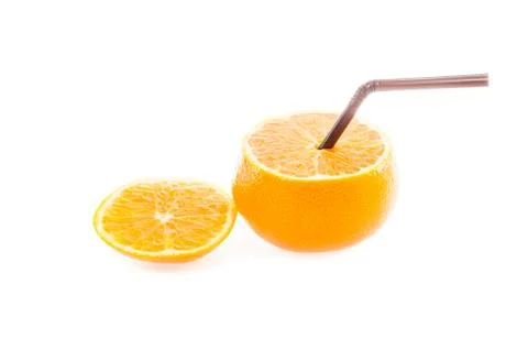 Orange with straw on white background Stock Photos
