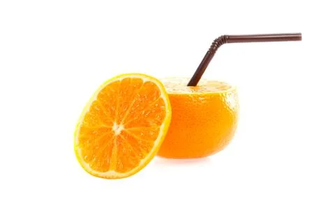 Orange with straw on white background Stock Photos
