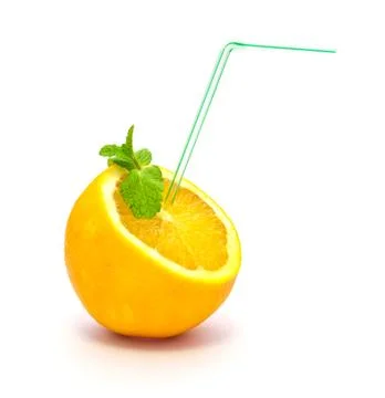 Orange with a straw on a white background Stock Photos
