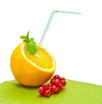 Orange with a straw on a white background Stock Photos