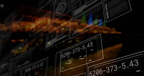 Orange streak appearing, 3D data wall sliding, panels popping, revealing Stock Footage 334315842