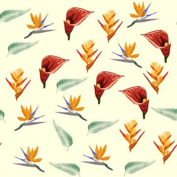 Orange Strelitzia flower pattern design with leaves and stem, calla lilies, h Stockillustratie