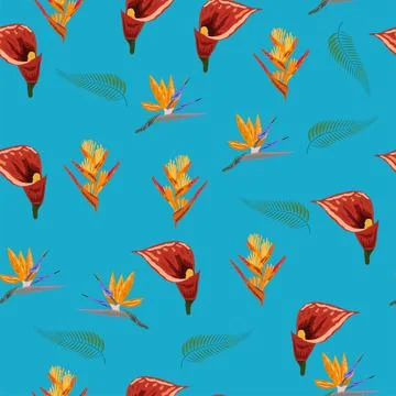 Orange Strelitzia flower pattern design with leaves and stem, calla lilies,.. Stockillustratie