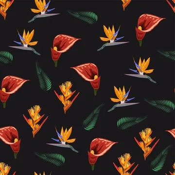 Orange Strelitzia flower pattern design with leaves and stem, calla lilies,.. Stockillustratie