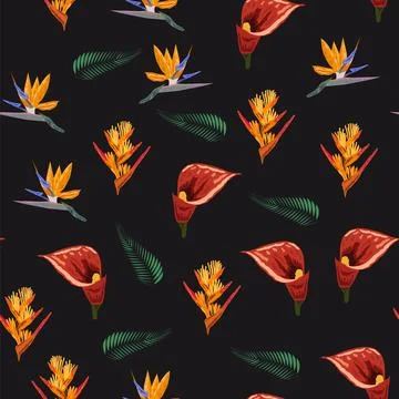 Orange Strelitzia flower pattern design with leaves and stem, calla lilies,.. Stockillustratie
