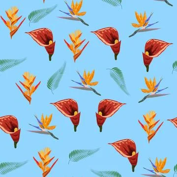 Orange Strelitzia flower pattern design with leaves and stem, calla lilies,.. Stockillustratie