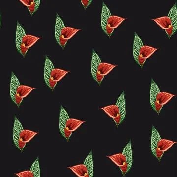 Orange Strelitzia flower pattern design with leaves and stem, calla lilies,.. Stockillustratie