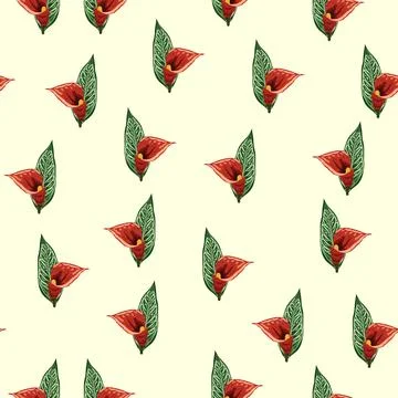 Orange Strelitzia flower pattern design with leaves and stem, calla lilies, h Stockillustratie