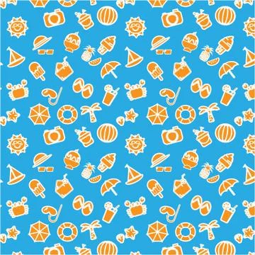 Orange summer items icon with white outline vector pattern on blue background Stock Illustration