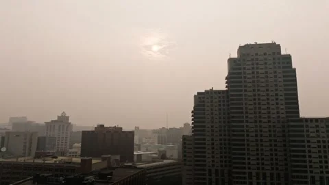 Orange Sun Behind Grand Rapids High Rise in Wildfire Haze Stock Footage 340402873