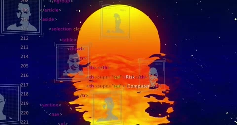 Orange sun glowing over starry backdrop, floating HTML tags and face frames Stock Footage 327898357