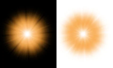 Orange sunburst light effect, glowing star flare isolated on black and whit.. Illustrazione stock