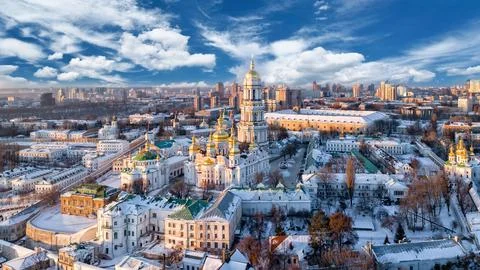 Orange sunset and cloud over cityscape Kiev, Ukraine, Europe Stock Photos