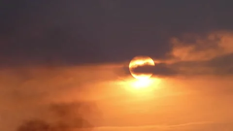 Orange sunset with clouds and smog, flying birds at Stock Footage 273834733