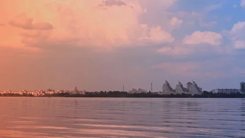 Orange sunset, dog enter the river Stock Footage 158012373