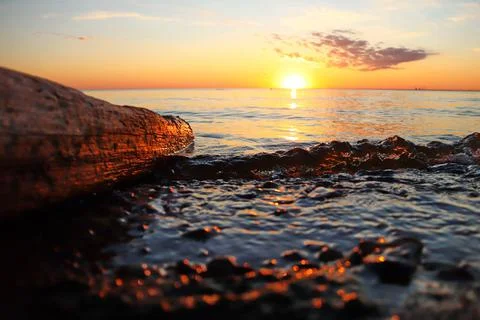 Orange sunset over the river with a log and small wave Stock Photos