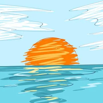 Orange Sunset Reflected Across Calm Blue Ocean Illustration Stock Illustration