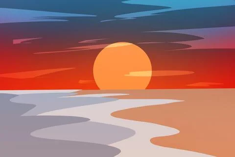 Orange Sunset Reflected Across Quiet Beach Illustration Stock Illustration
