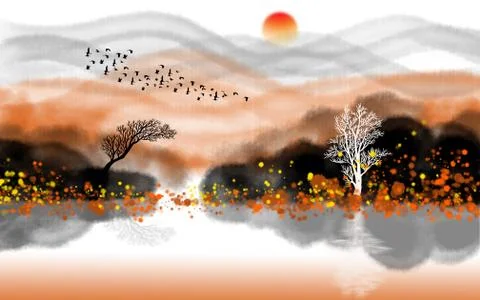 Orange sunset, tree outlines, flock of birds in the sky, reflected in the water Stock Illustration