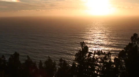 ORANGE SUNSET/SUNRISE OVER OCEAN WITH TREES; NEGATIVE SPACE; WIDE 1 Stock Footage 59072118
