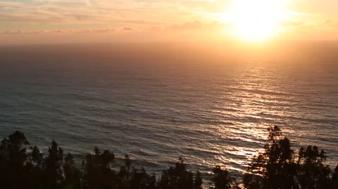 ORANGE SUNSET/SUNRISE OVER OCEAN WITH TREES; NEGATIVE SPACE; WIDE 2 Stock Footage 59072120