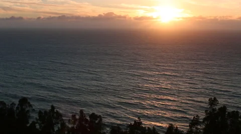 ORANGE SUNSET/SUNRISE OVER OCEAN WITH TREES; NEGATIVE SPACE; WIDE 3 Stock Footage 59072143