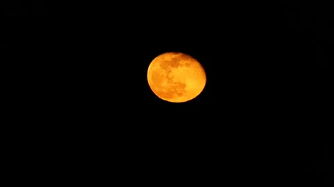 Orange super full blood moon face with its valleys and craters Stock Footage 128811592