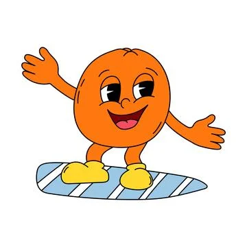 Orange in the surf in flat style. Groovy orange character. Stock Illustration