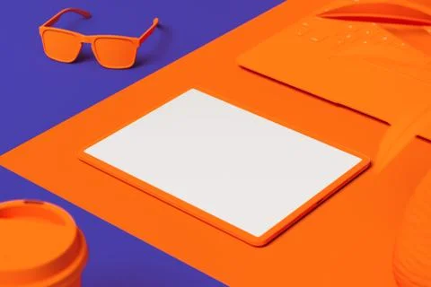 Orange tablet with white blank screen isolated on orange and blue background. 库存插图