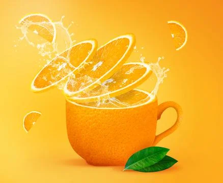 Orange tea splashing creative concept for poster, flyer, banner. Fresh orange Stock Photos