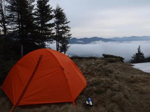 Orange Tent Mountain View Stock Photos