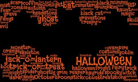 Orange text of tag, word cloud forms a blank area in the shape of a black bat Stock Illustration