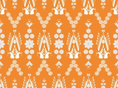 Orange Thai Textile Pattern with Floral Motifs Vector Stockillustratie