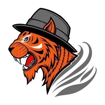 Orange tiger head wearing gray fedora hat Stock Illustration