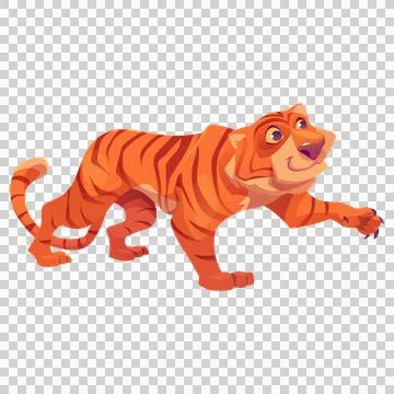 Orange tiger vector character walking on transparent background. 스톡 일러스트