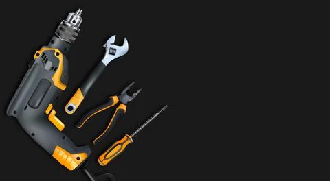 Orange tools professional realistic on black background. Illustrazione stock