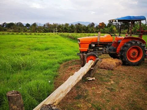 Orange tractor With green fields Stock Photos