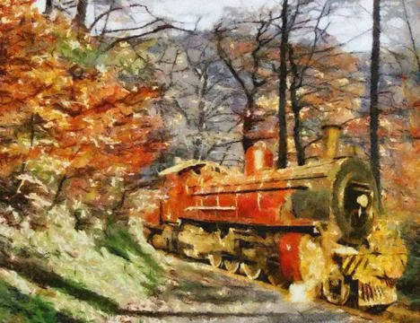 Orange train through forest (oil painting) Stock Illustration