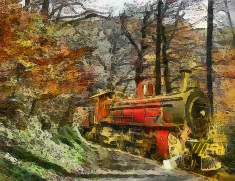 Orange train through forest (oil painting) Stock Illustration