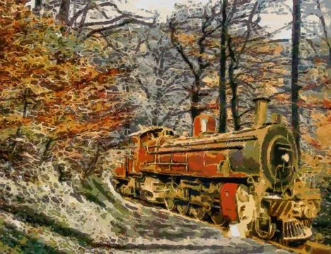 Orange train through forest (oil painting) Stock Illustration