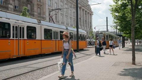 Orange trams moving schedule Budapest, Hungary mid-June 2023 Stock Footage 263411897
