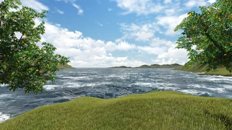 Orange trees and ocean with running clouds Stock Footage 48412239