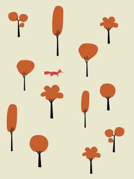 Orange trees vector autumn landscape. Fox walking in forest, woods in fall Stock Illustration
