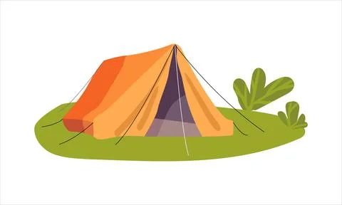 Orange triangular tent for camping, adventure tourism and travel, bushcraft and Illustrazione stock