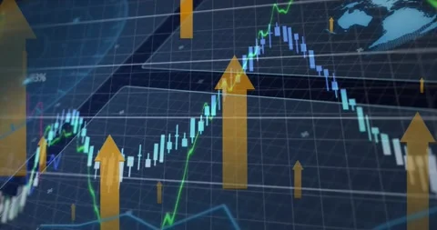 Orange upward arrows, globe, graphs and data processing on black background Stock Footage 239433593